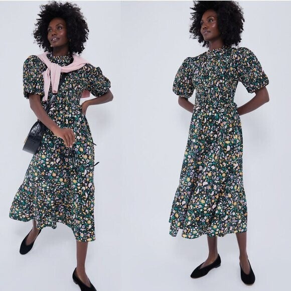 Hyacinth House | NEW Black Multi Floral Smocked Samantha Midi Dress Size S